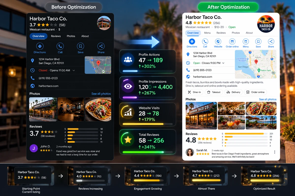 Illustrative Harbor Taco before-and-after profile comparison with simulated reviews and engagement