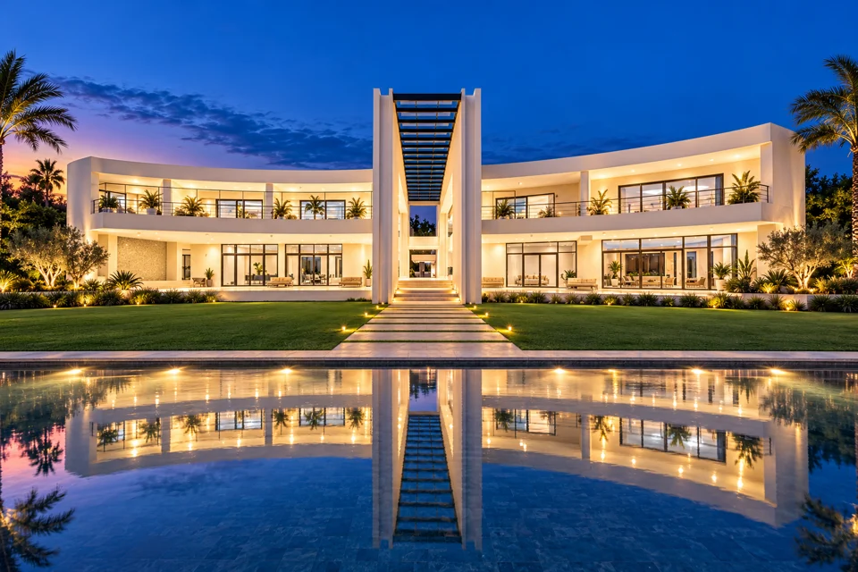 Concept visualization of a modern luxury home with curved architecture and a reflecting pool
